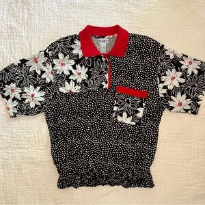 Koret Womens Blouse Floral Collared Red Black White Vintage Size Large